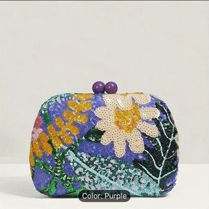 Elegant Floral Sequin Clutch - Purple
